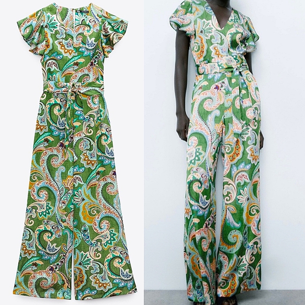 💚Zara Green Multicolored Paisley Satin Jumpsuit☆
